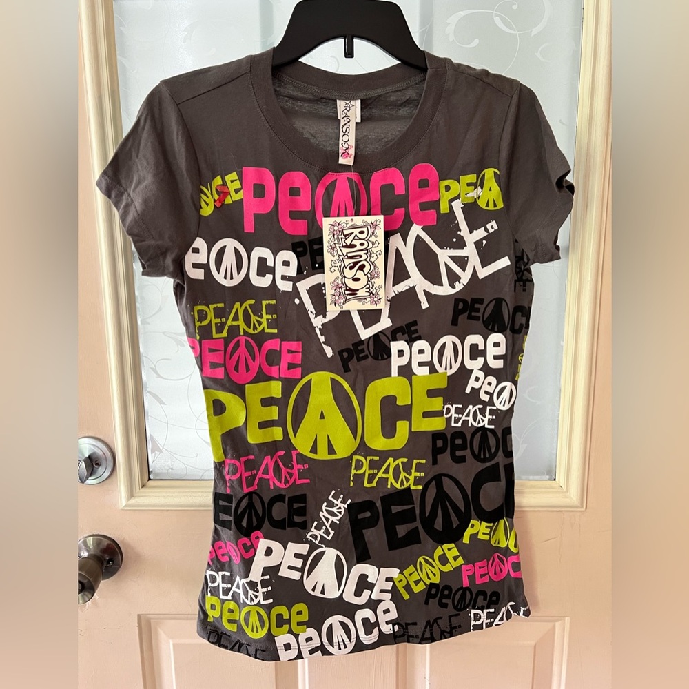 Ransom NWT dark grey, capped sleeve, Peace T shirt. Says L but is 17.5” pit-pit